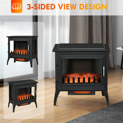 24" Electric Fireplace Stove, Freestanding Infrared Fire Place Heater with Realistic Logs Flame, Adjustable Temperature, Overheat Protection, 1000W/1500W, Black