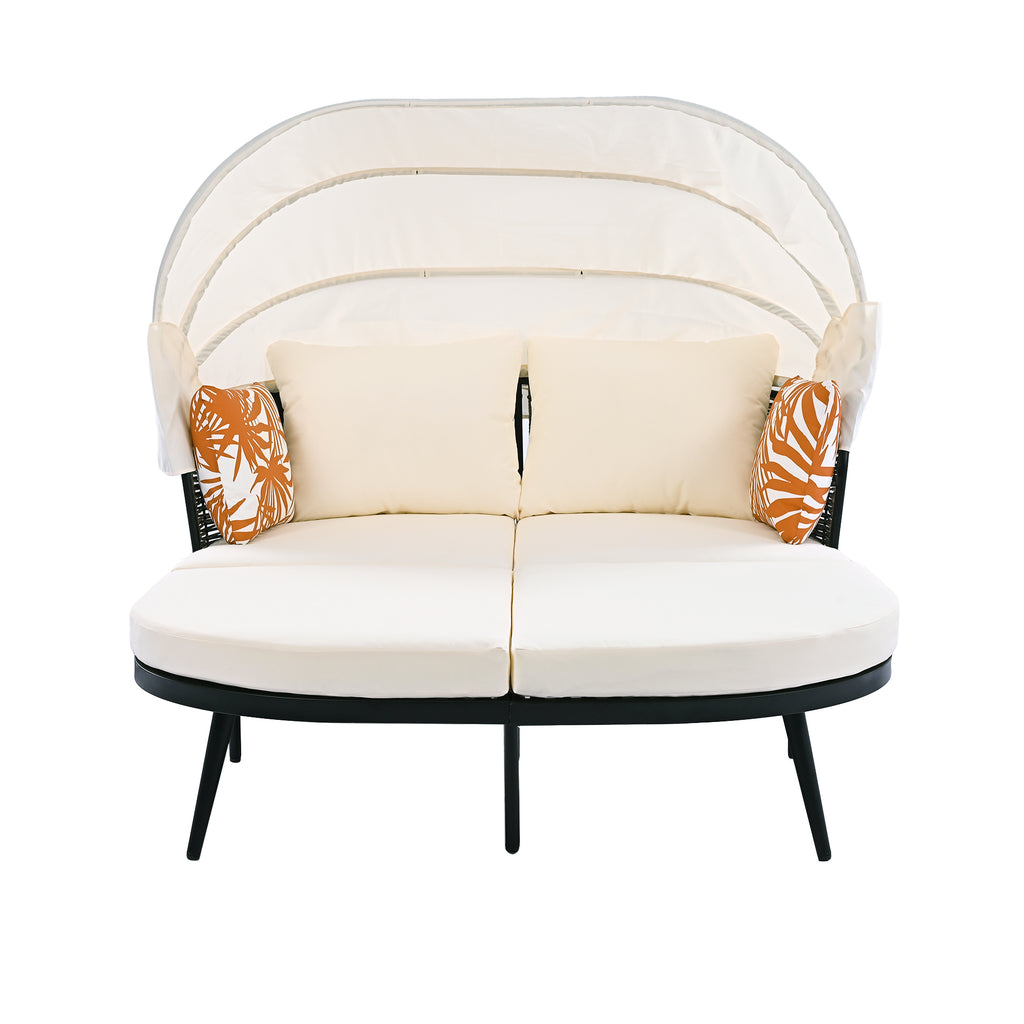 Daybed with Retractable Canopy, Outdoor Rattan PE Wicker Back Loveseat Sofa Set with Throw Pillows and Cushions for Backyard, Poolside, Garden, Beige