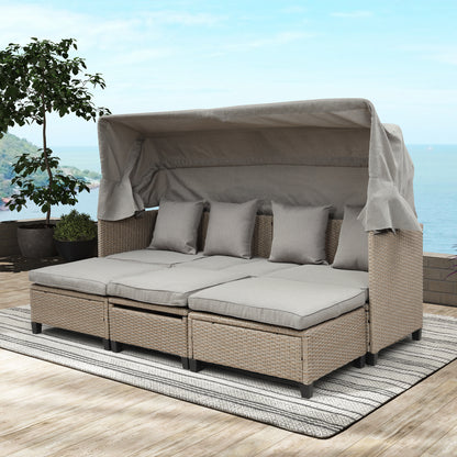 TOPMAX 4 Piece UV-Proof Resin Wicker Patio Sofa Set with Retractable Canopy, Cushions and Lifting Table,Brown