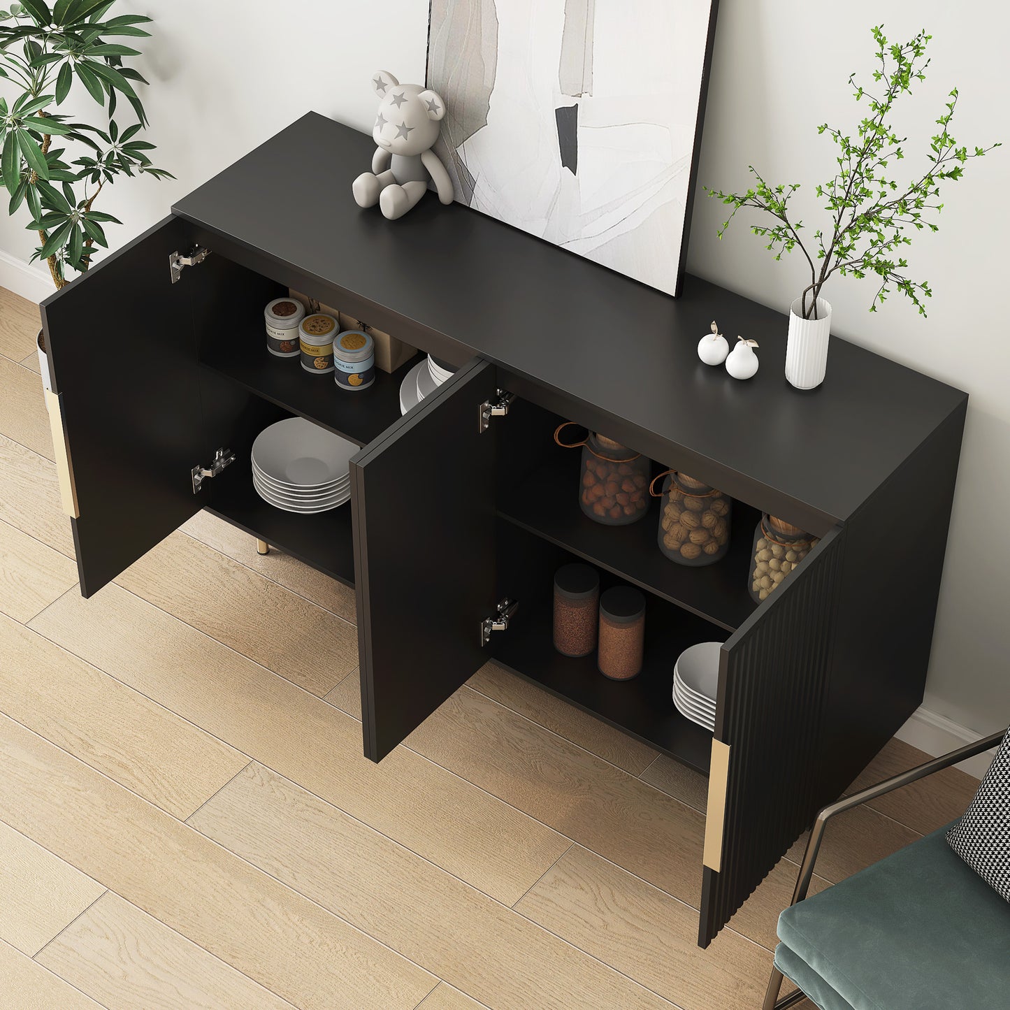 Black Modern Buffet Cabinet with Storage, Fluted Sideboard Large Buffet with Adjustable Shelves, Credenza, Accent Cabinet Console Table