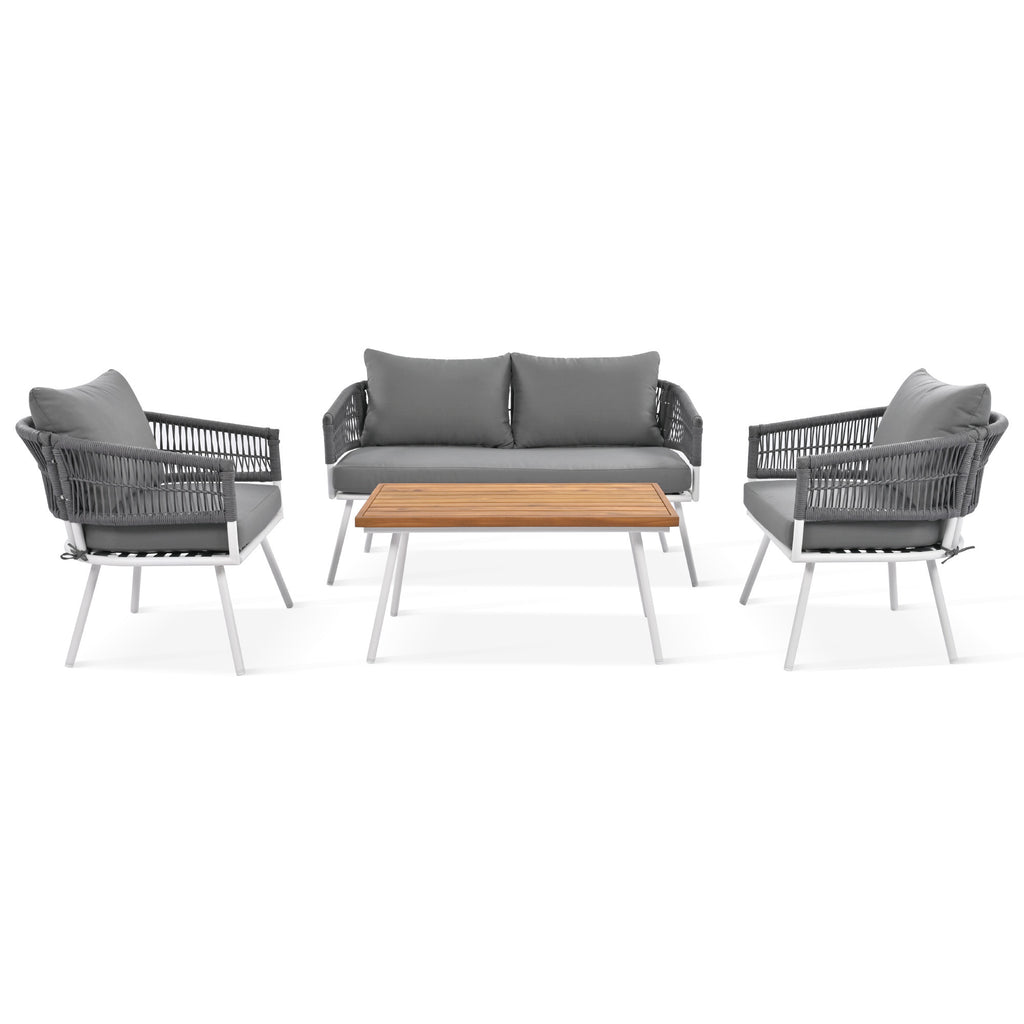K&K 4-Piece Boho Rope Patio Furniture Set, Outdoor Furniture with Acacia Wood Table, Patio Conversation Set  with Deep Seating & Thick Cushion for Backyard Porch Balcony, Grey