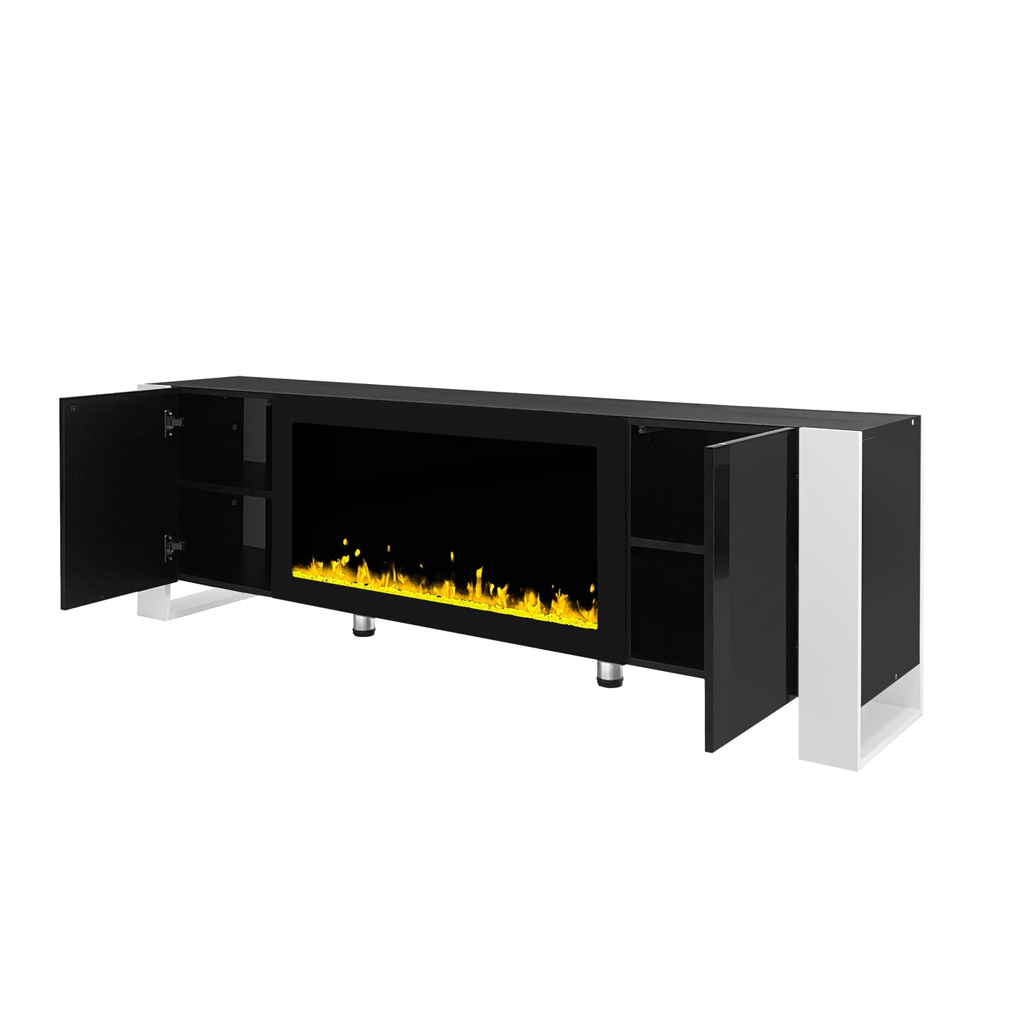 ON-TREND Modern TV Stand with 34.2" Non-heating Electric Fireplace, High Gloss Entertainment Center with 2 Cabinets, Media Console for TVs up to 78", Black