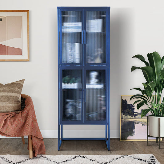 Stylish 4-Door Tempered Glass Cabinet with 4 Glass Doors Adjustable Shelves U-Shaped Leg Anti-Tip Dust-free Fluted Glass Kitchen Credenza Blue