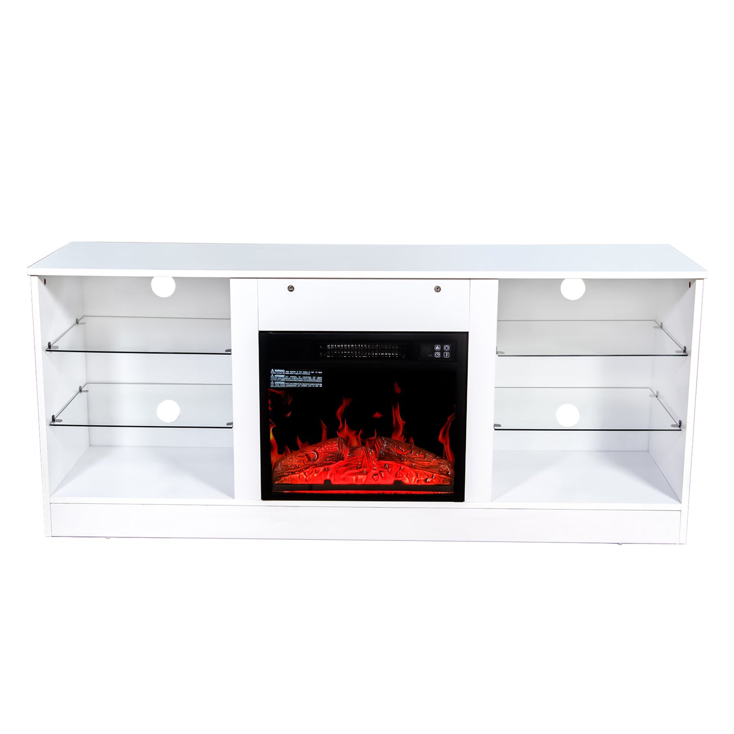 Fireplace TV Stand With 18 Inch Electric Fireplace Heater,Modern Entertainment Center for TVs up to 62 Inch With Adjustable Glass Shelves and Storage Cabinets  ( White )