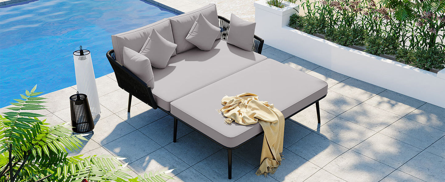 Outdoor Patio Daybed, Woven Nylon Rope Backrest with Washable Cushions for Balcony, Poolside, Set for 2 Person, Gray