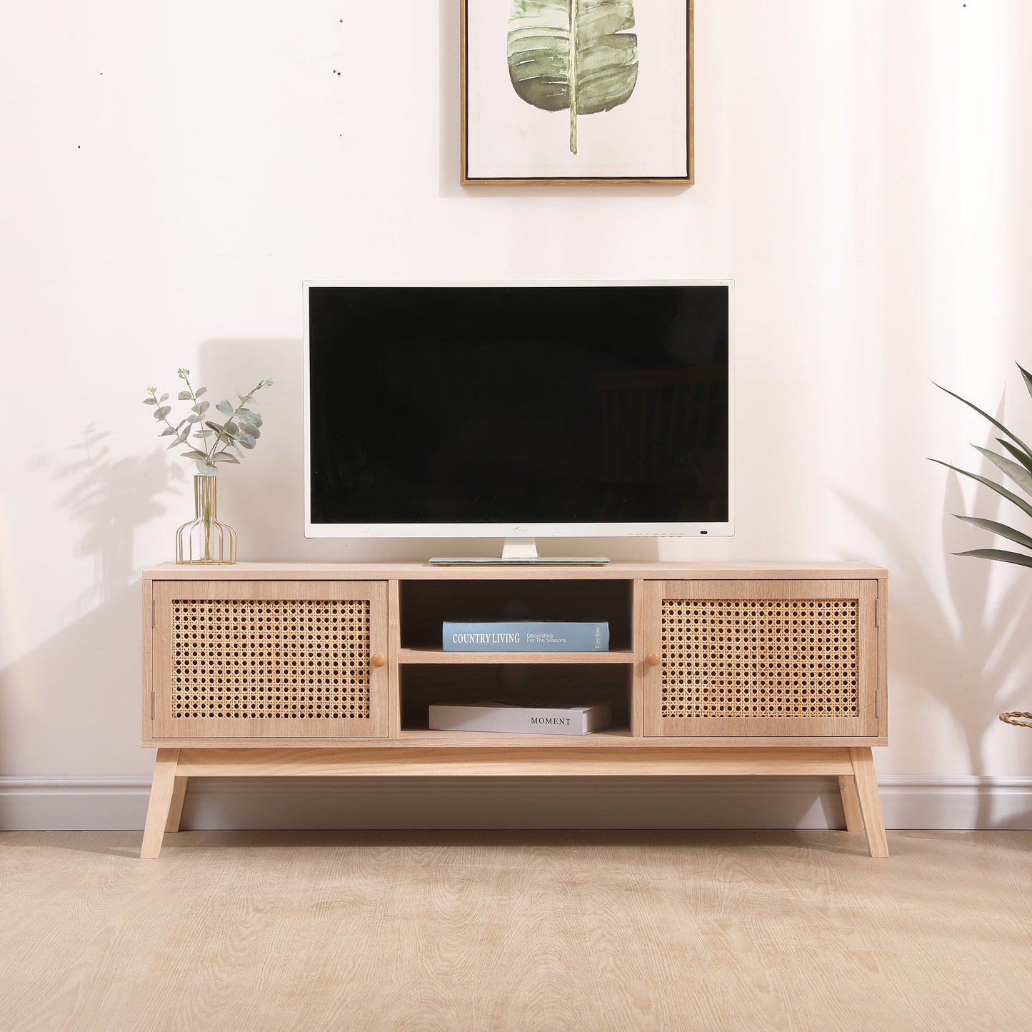 TV Stand for 55 Inch TV, Entertainment Center with Adjustable Shelf,Real Rattan TV Console with 2 Cabinets, Media Console, Solid Wood Feet, 2 Cord Holes, for Living Room - Natural