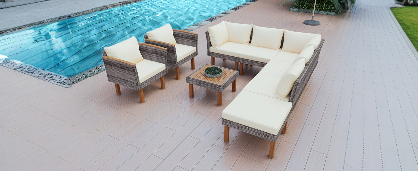 GO 9-Piece Patio Rattan Furniture Set, Outdoor Conversation Set With Acacia Wood Legs and Tabletop, PE Rattan Sectional Sofa Set with Coffee Table, Washable Cushion, Beige