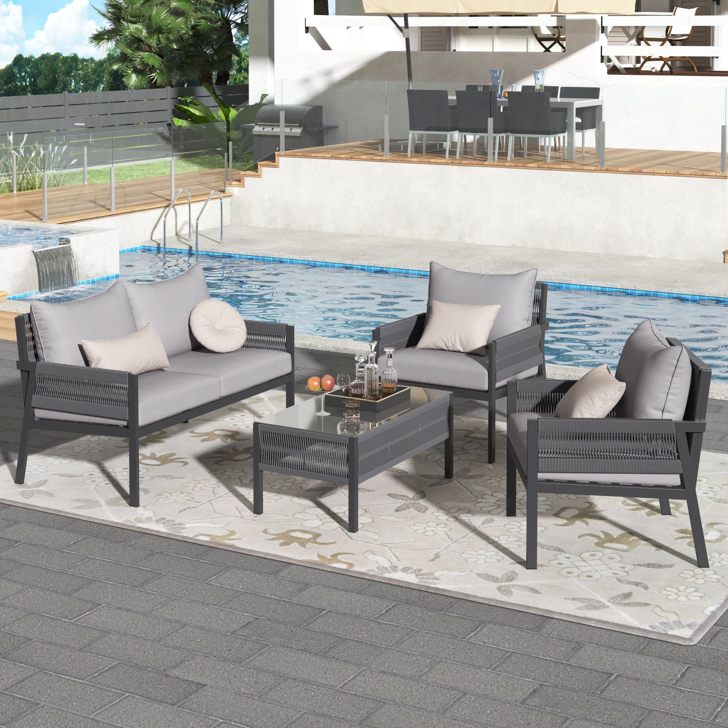 K&K 4-Piece Rope Patio Furniture Set, Outdoor Furniture with Tempered Glass Table, Patio Conversation Set Deep Seating with Thick Cushion for Backyard Porch Balcony (Grey)