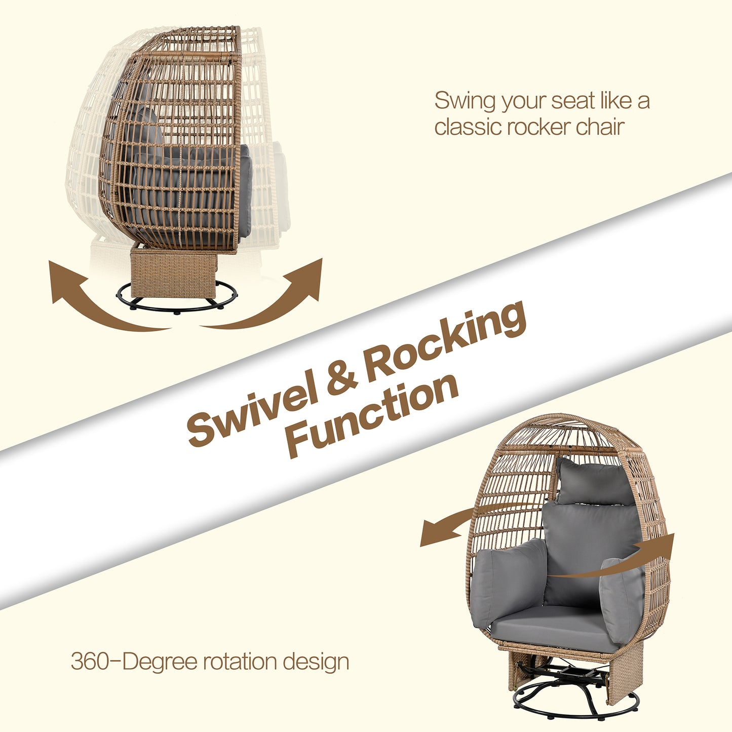 TREXM Outdoor Swivel Chair with Cushions, Rattan Egg Patio Chair with Rocking Function for Balcony, Poolside and Garden (Natural Wicker + Grey Cushion)