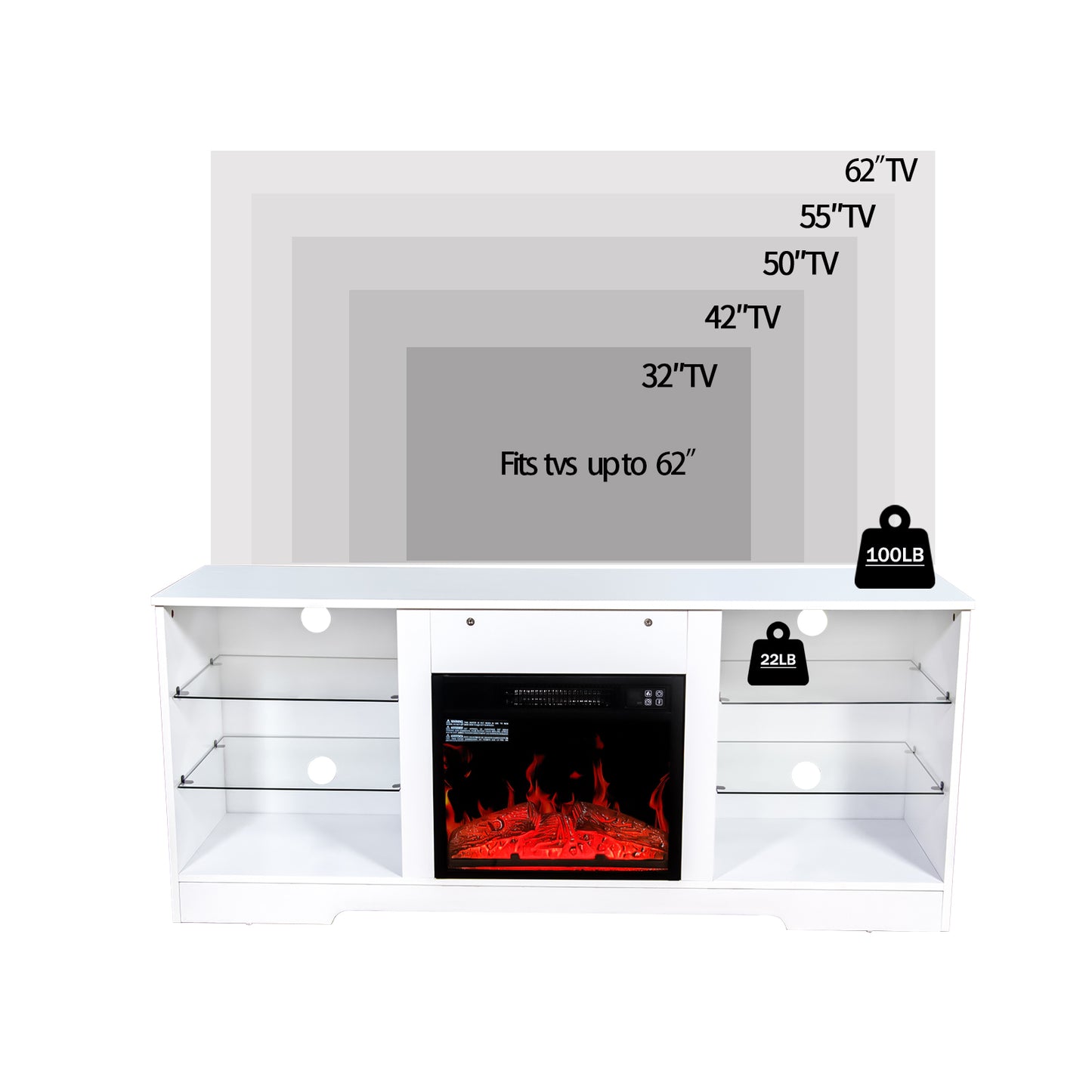 Fireplace TV Stand With 18 Inch Electric Fireplace Heater,Modern Entertainment Center for TVs up to 62 Inch With Adjustable Glass Shelves and Storage Cabinets  ( White )