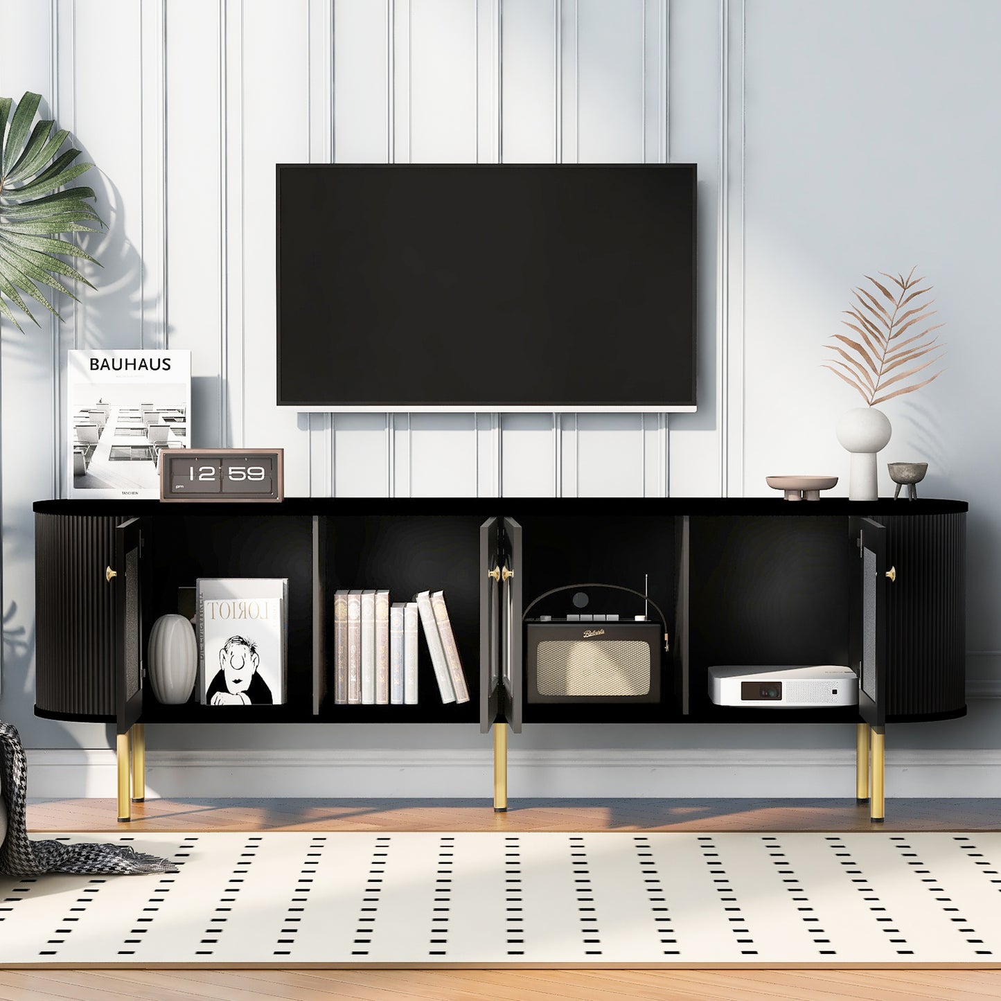 Modern TV Stand for TVs up to 80 Inches, Entertainment Center with 4 Cabinets, Wood Media Console with Metal Legs and Handles for Living room, Black