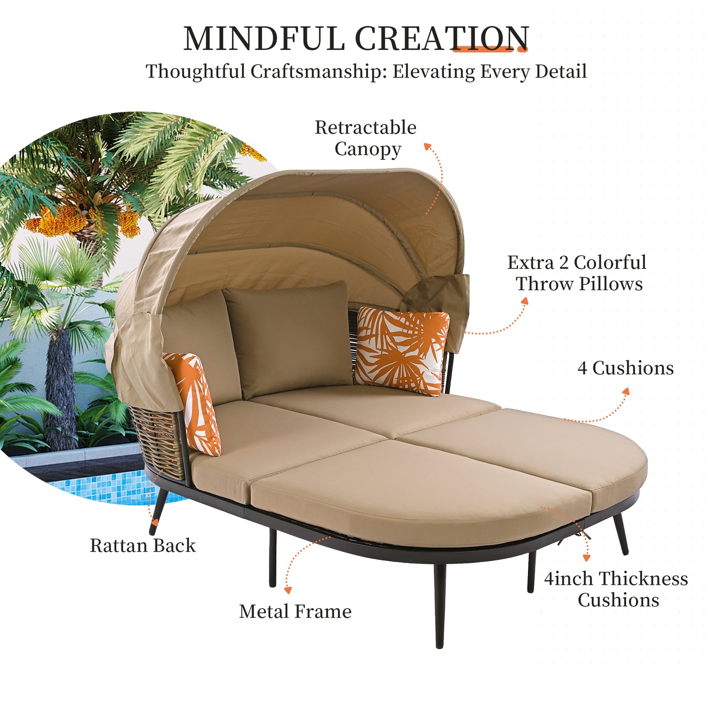 Patio Daybed with Retractable Canopy, Outdoor Rattan PE Wicker Back Loveseat Sofa Set with Throw Pillows and Cushions for Backyard, Poolside, Garden, Brown