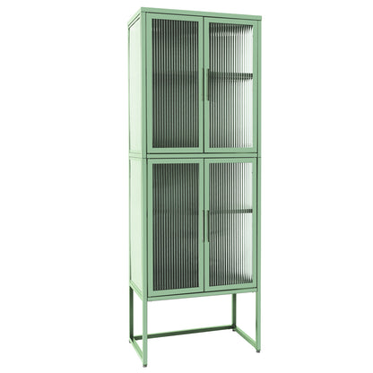 Stylish 4-Door Tempered Glass Cabinet with 4 Glass Doors Adjustable Shelves U-Shaped Leg Anti-Tip Dust-free Fluted Glass Kitchen Credenza Light Green