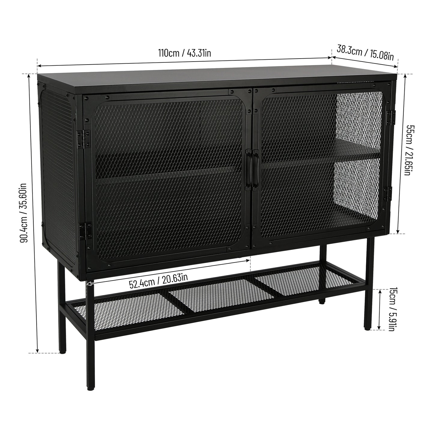 Industrial Double Door Cabinet Console Table with 2 Mesh Doors Adjustable Shelf and Feet Bottom Shelf Anti-Tip Dust-free Kitchen Credenza Sideboard Frosted Black