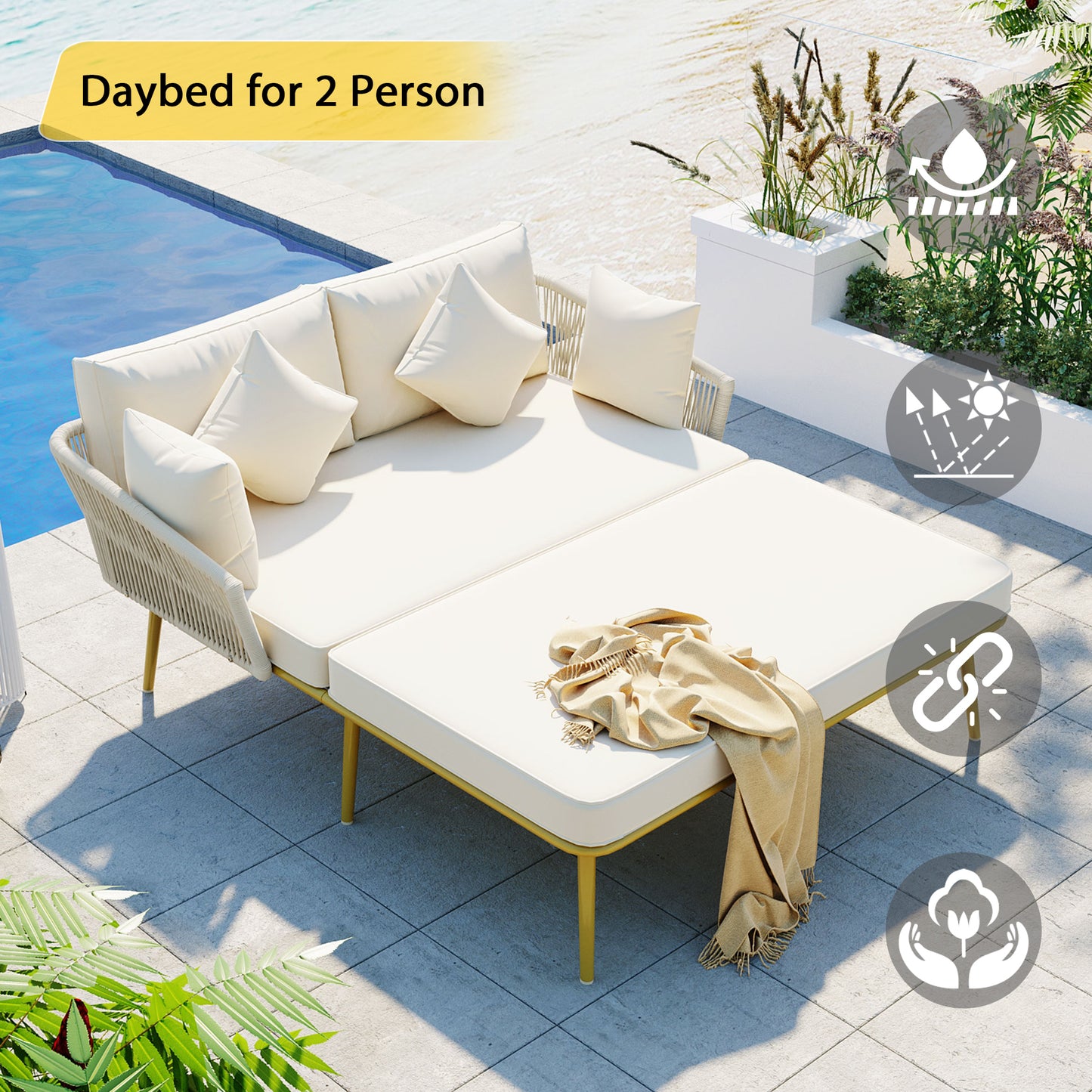 Outdoor Patio Daybed, Woven Nylon Rope Backrest with Washable Cushions for Balcony, Poolside, Set for 2 Person, Beige