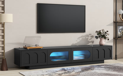 ON-TREND TV Stand with Fluted tempered Glass Doors for TVs Up to 95'', Functional Media Console with Arched Cabinet Doors, Entertainment Center with APP-Controlled LED Light for Living Room, Black