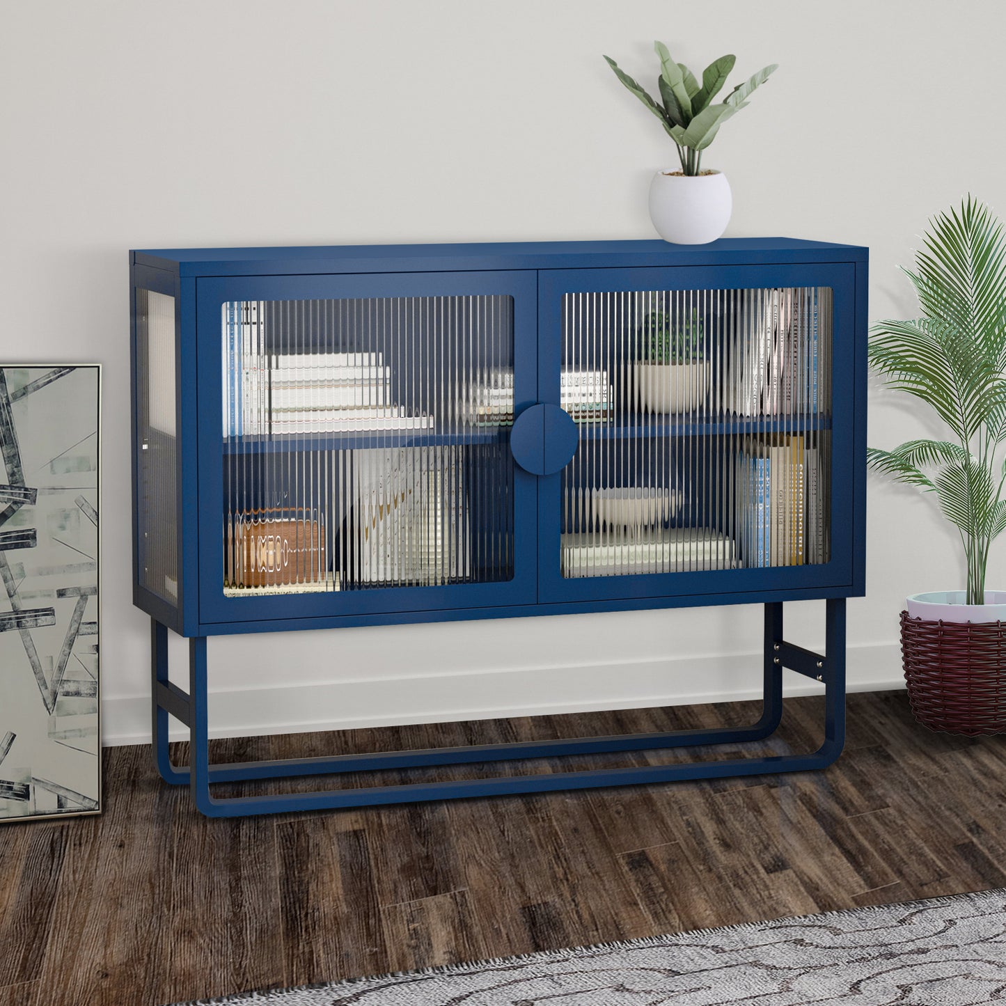 Stylish Tempered Glass Cabinet Credenza with 2 Fluted Glass Doors Adjustable Shelf U-shaped Leg Anti-Tip Dust-free Enclosed Cupboard for Kitchen Living Room Black/ Blue/ White