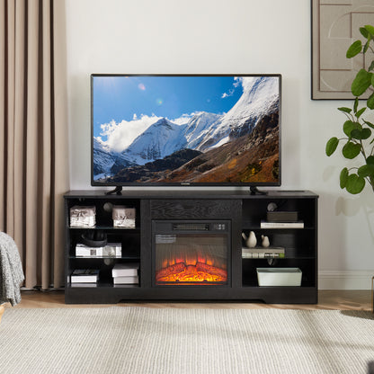 TV Stand Electric Fireplace  Glass Shelves, 3D Fireplace TV Stand with LED Lights Wood with USB Charging Outlet Modern Television Table Center for TV up to 62" Black 58''W*15.5''D*24.4