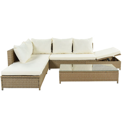 Patio 3-Piece Rattan Sofa Set All Weather PE Wicker Sectional Set with Adjustable Chaise Lounge Frame and Tempered Glass Table, Natural Brown