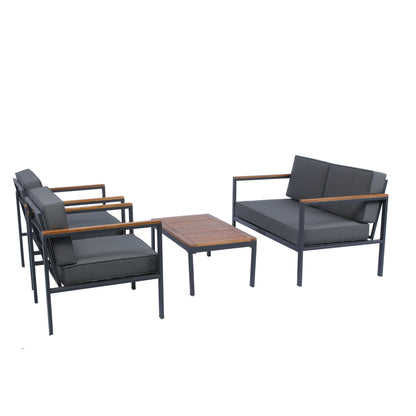 4 Piece Outdoor Sofa Set with Acacia Wood Top, Padded Patio Conversation Table Chair Set w/Coffee Table for Garden, Backyard, Poolside Dark Grey Cushion