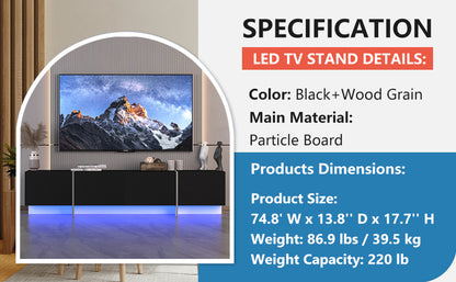 TV Console with Storage Cabinets, Remote Control, APP Control LED TV Stand, Full RGB Color Selection, 31 Modes Changing Lights Modern Entertainment Center (Black, for 75 inches TV)