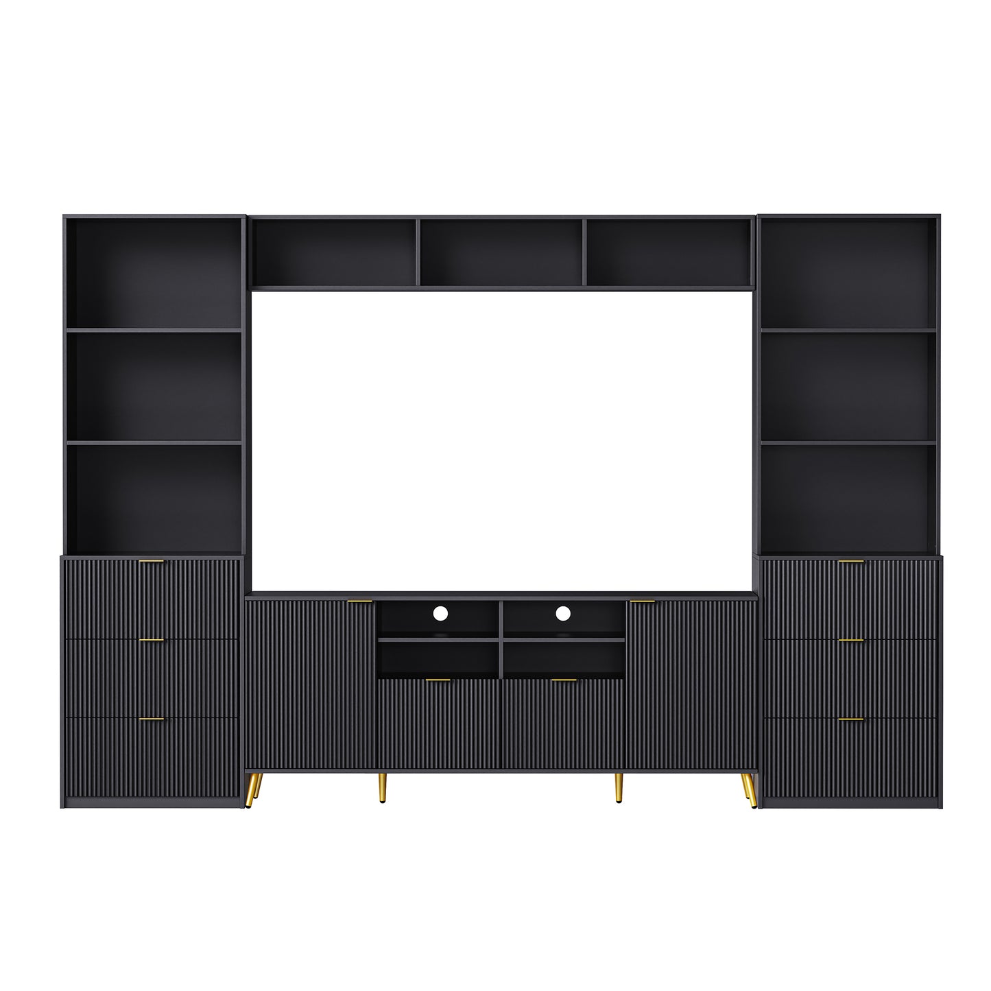 U-Can 4-Piece Entertainment Wall Unit with 13 shelves,8 Drawers and 2 Cabinets, Multifunctional TV Stand Media Storage Cabinet with Fluted Line Surface for Living Room, for TVs Up to 70"