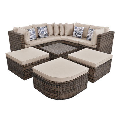 8-piece Outdoor Wicker Sofa Set, Rattan Sofa Lounger, With Colorful Pillows, Conversation Sofa, For Patio, Garden, Deck, Brown Wicker, Beige Cushion