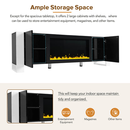 ON-TREND Modern TV Stand with 34.2" Non-heating Electric Fireplace, High Gloss Entertainment Center with 2 Cabinets, Media Console for TVs up to 78", Black