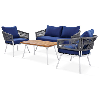 4-Piece Boho Rope Patio Furniture Set, Outdoor Furniture with Acacia Wood Table, Patio Conversation Set with Deep Seating & Thick Cushion for Backyard Porch Balcony, Navy Blue