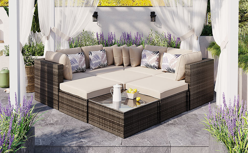 8-piece Outdoor Wicker Sofa Set, Rattan Sofa Lounger, With Colorful Pillows, Conversation Sofa, For Patio, Garden, Deck, Brown Wicker, Beige Cushion