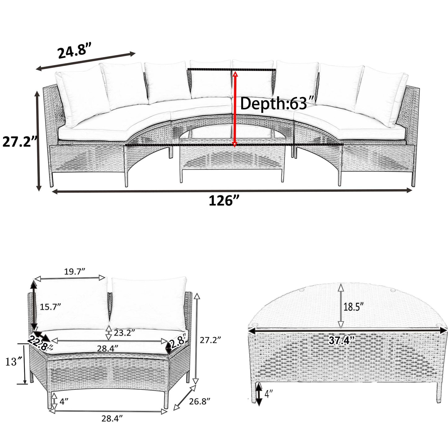 5 Pieces All-Weather Brown PE Rattan Wicker Sofa Set Outdoor Patio Sectional Furniture Set Half-Moon Sofa Set with Tempered Glass Table, Beige