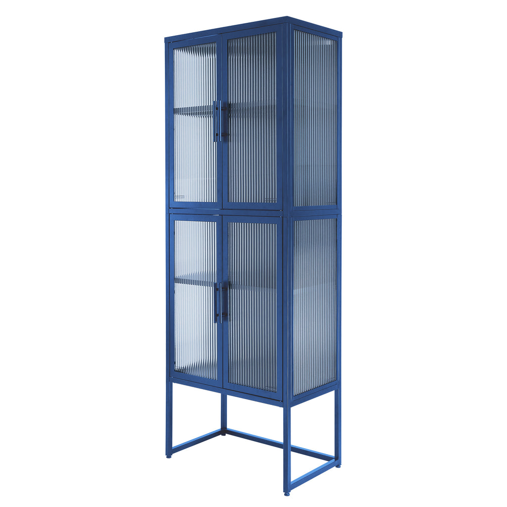 Stylish 4-Door Tempered Glass Cabinet with 4 Glass Doors Adjustable Shelves U-Shaped Leg Anti-Tip Dust-free Fluted Glass Kitchen Credenza Blue