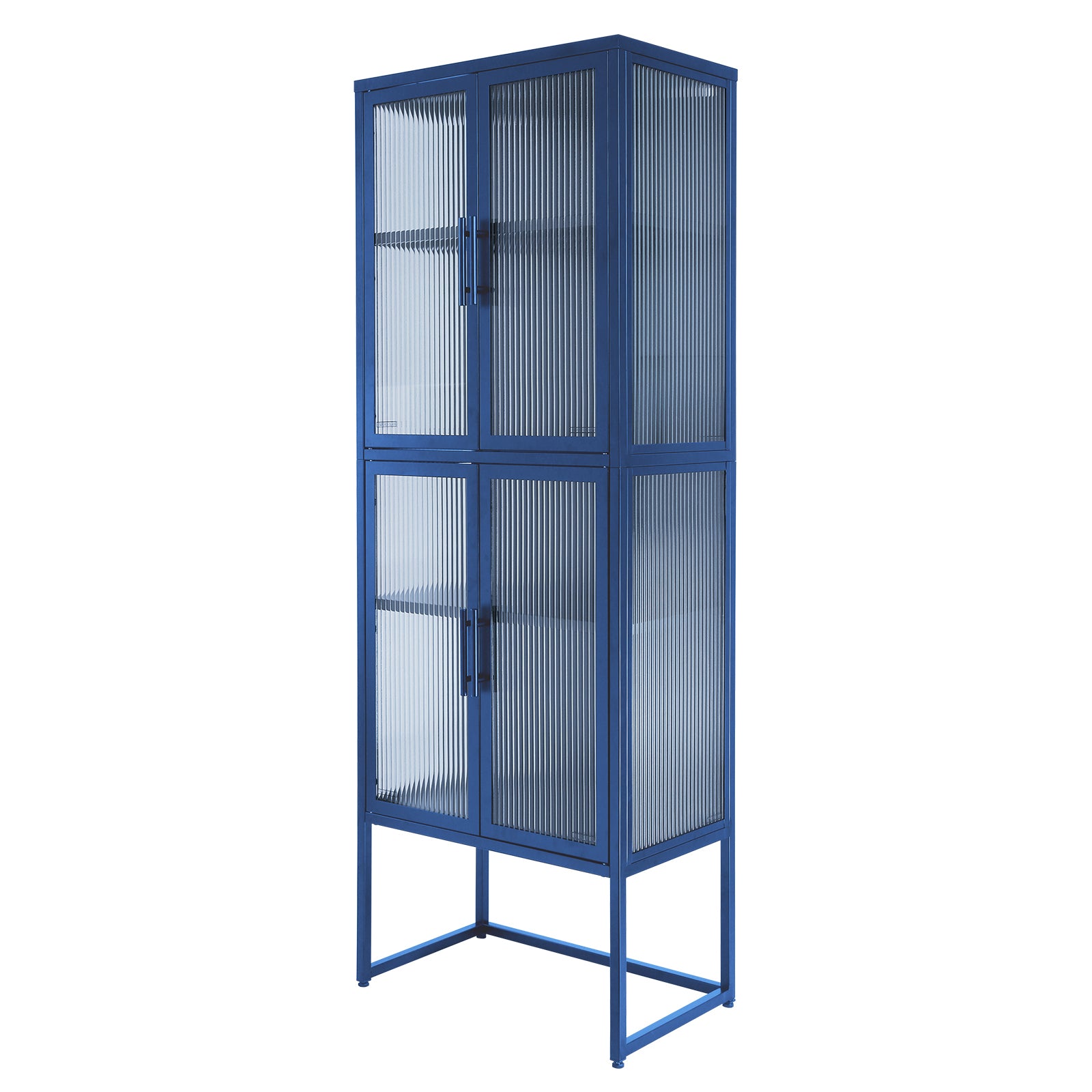 Stylish 4-Door Tempered Glass Cabinet with 4 Glass Doors Adjustable Shelves U-Shaped Leg Anti-Tip Dust-free Fluted Glass Kitchen Credenza Blue