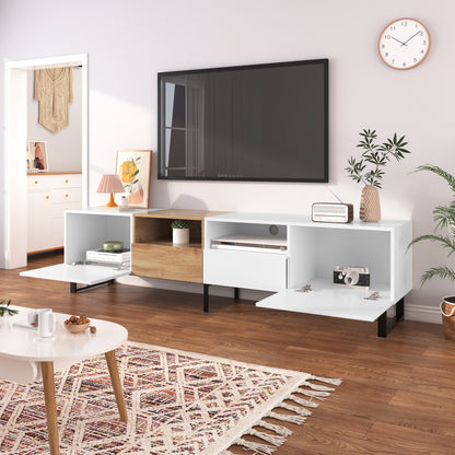 Modern TV Stand with 2 Cabinets& Open Storage Compartment, Color-matching Media Console Table for TVs up to 85'', Entertainment Center with Drop Down Door for Living Room, Bedroom, Home Theatre