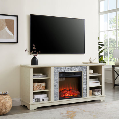 Mantel Electric Fireplace Stone TV Media Stand, Open Storage Modern Entertainment Console  Space with 18" Fireplace Insert, White, 58.31"W*15.39"D*26.06"H