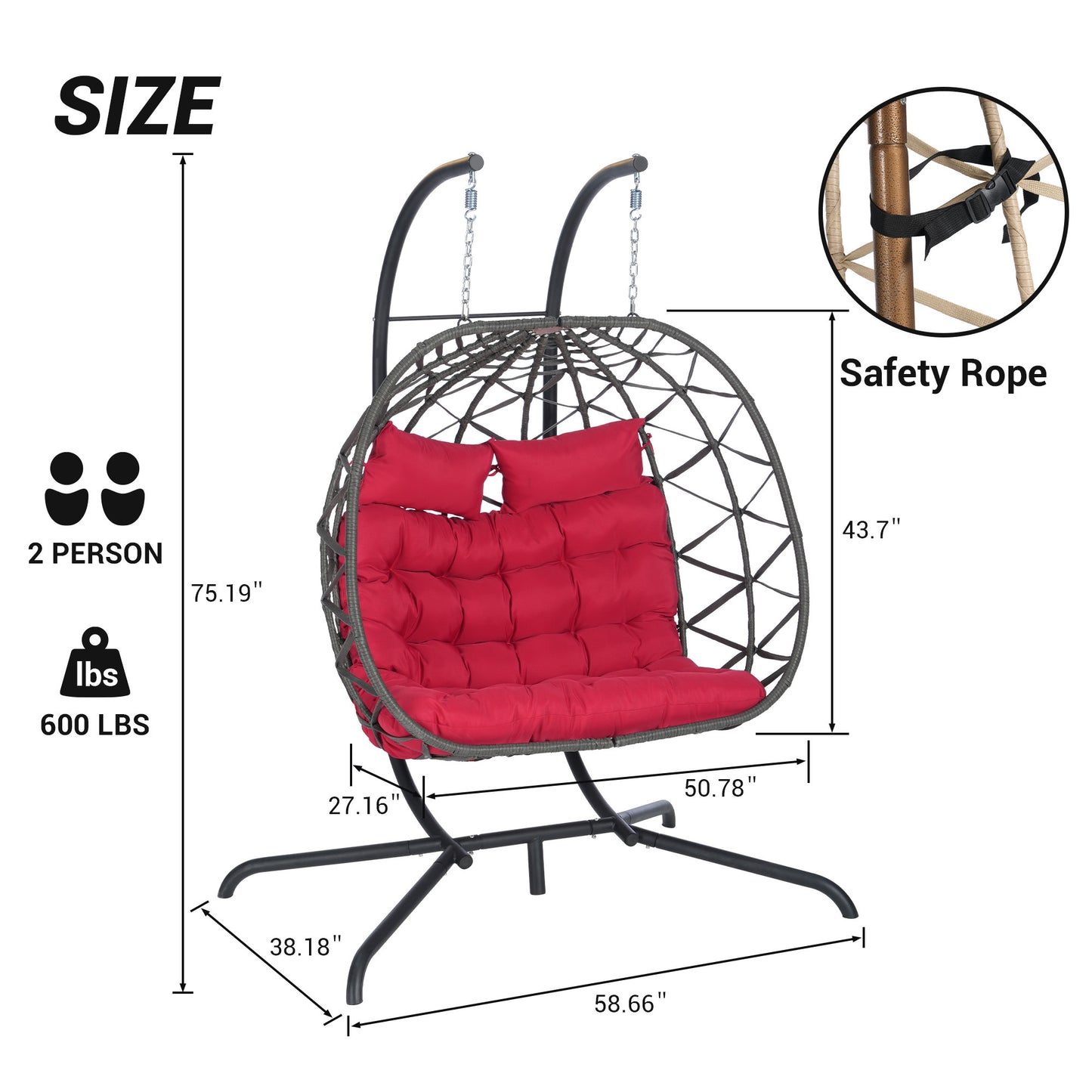 2 Person Outdoor Rattan Hanging Chair Patio Wicker Egg Chair