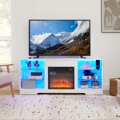 TV Stand Electric Fireplace  Glass Shelves, 3D Fireplace TV Stand with LED Lights Wood with USB Charging Outlet Modern Television Table Center for TV up to 62" White, 58''W*15.5''D*24.4