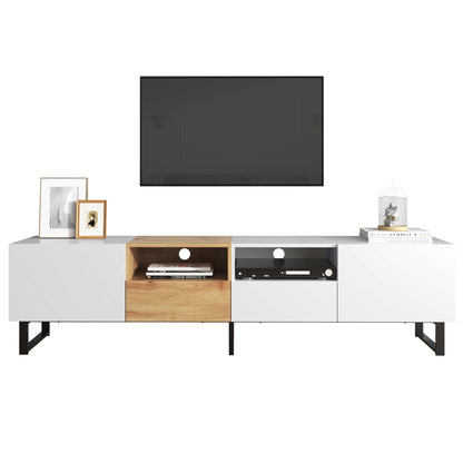 Modern TV Stand with 2 Cabinets& Open Storage Compartment, Color-matching Media Console Table for TVs up to 85'', Entertainment Center with Drop Down Door for Living Room, Bedroom, Home Theatre