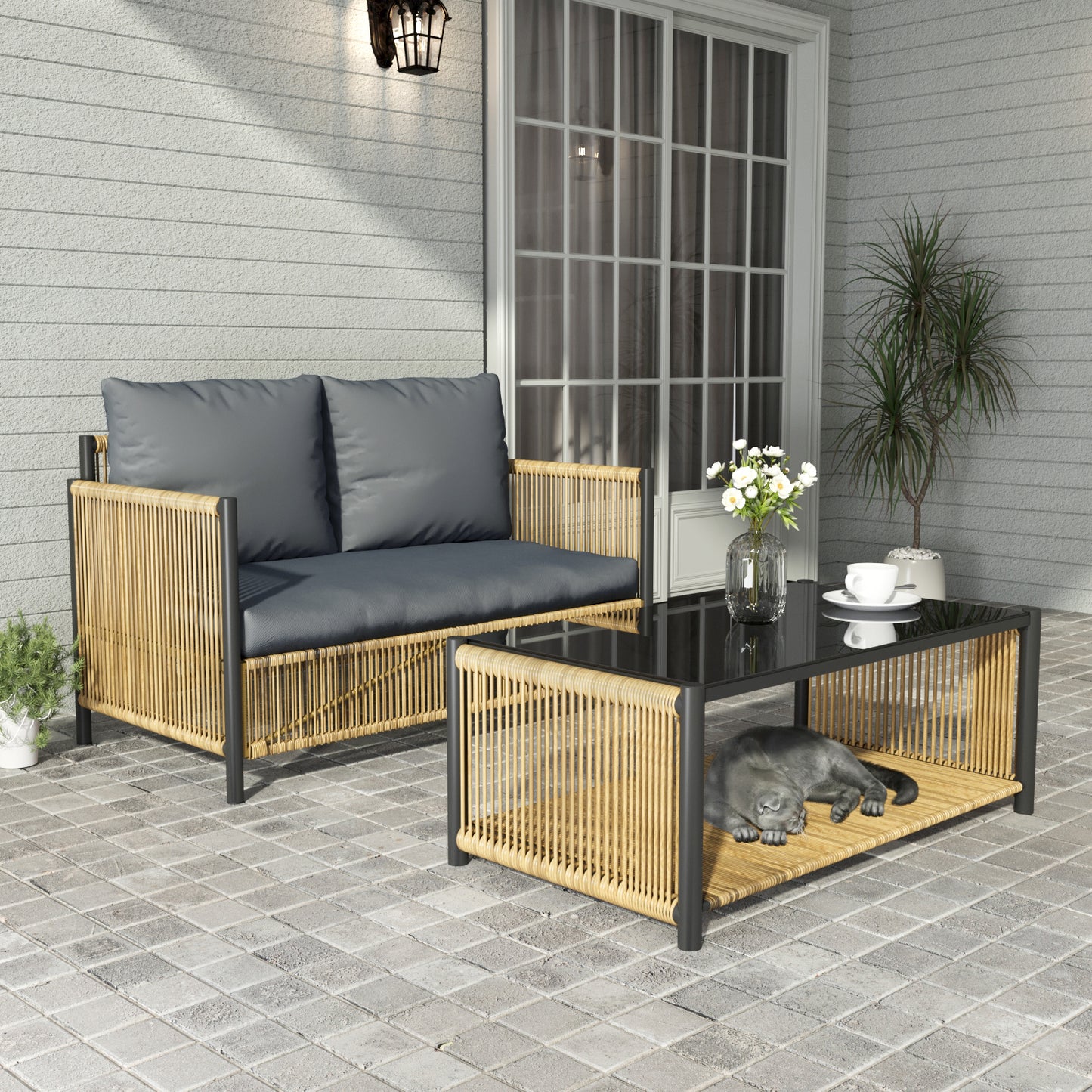 New Comming Patio 6 Pieces Brown PE Wicker Sofa Set with Grey Cushion