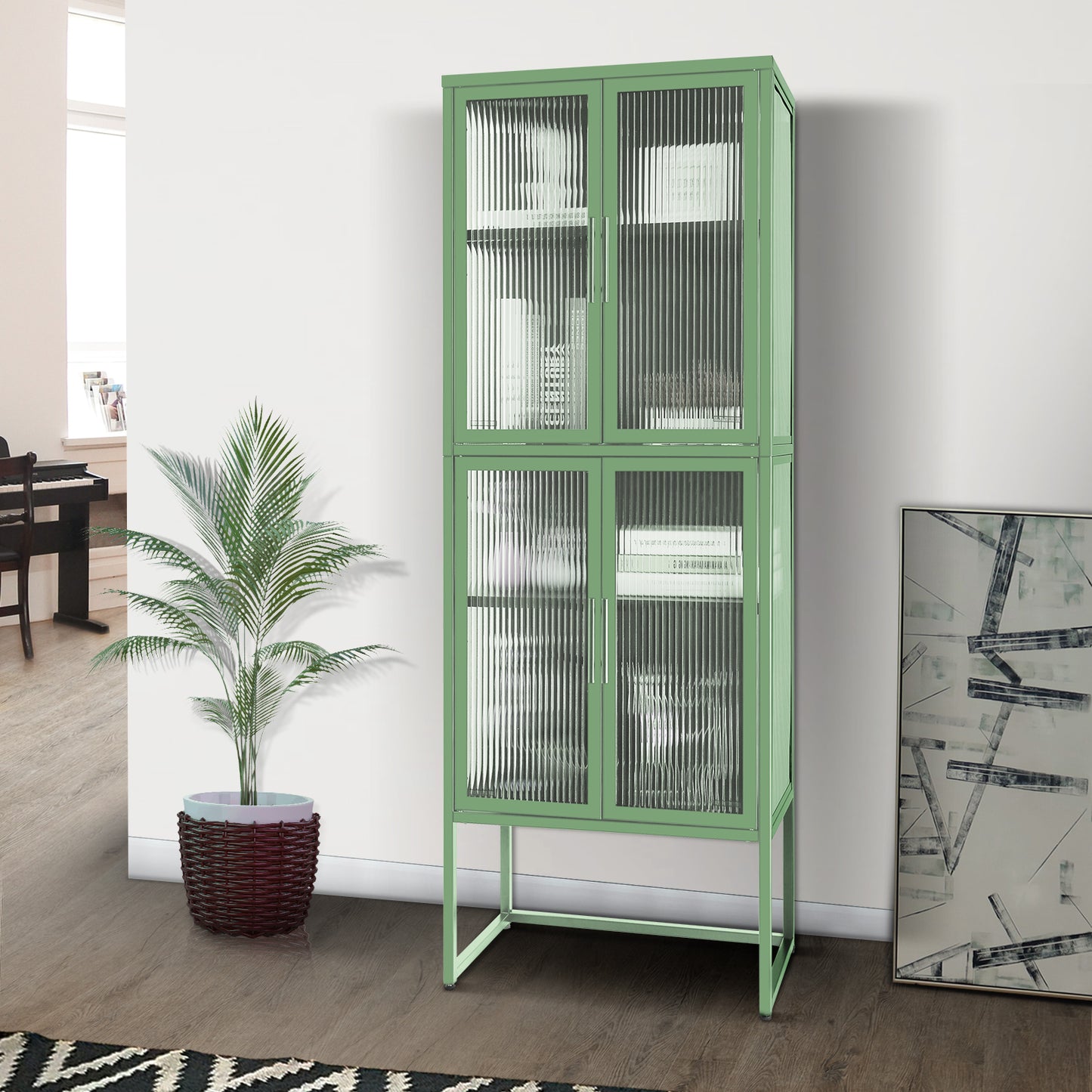 Stylish 4-Door Tempered Glass Cabinet with 4 Glass Doors Adjustable Shelves U-Shaped Leg Anti-Tip Dust-free Fluted Glass Kitchen Credenza Light Green