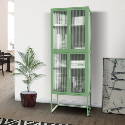 Stylish 4-Door Tempered Glass Cabinet with 4 Glass Doors Adjustable Shelves U-Shaped Leg Anti-Tip Dust-free Fluted Glass Kitchen Credenza Light Green