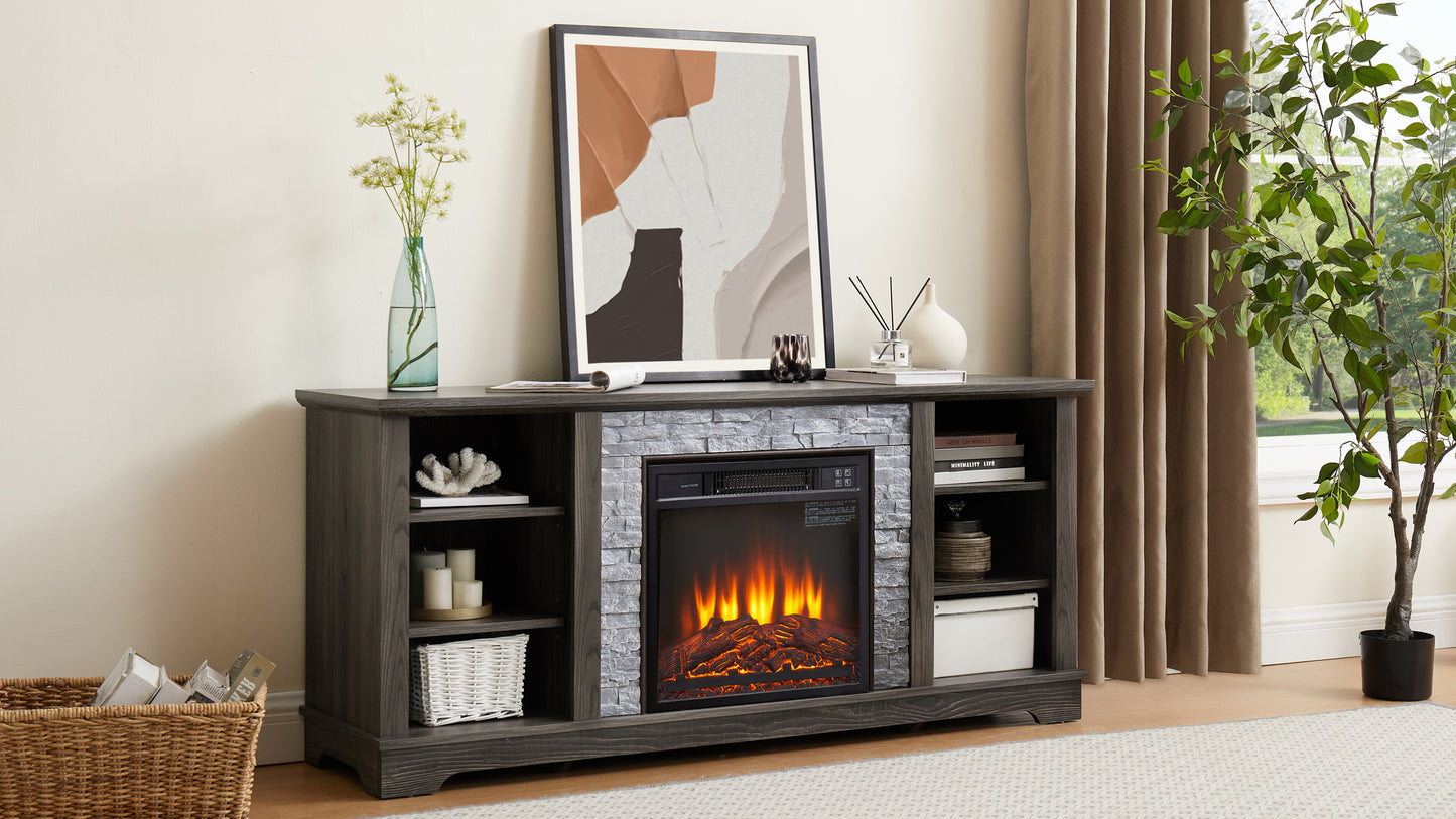 Mantel Electric Fireplace Stone TV Media Stand with Faux Stacked Stone Surround, Modern Entertainment Console with Open Storage Space with 18" Fireplace Insert ,Grey, 58.31"W*15.39"D*26.06"H