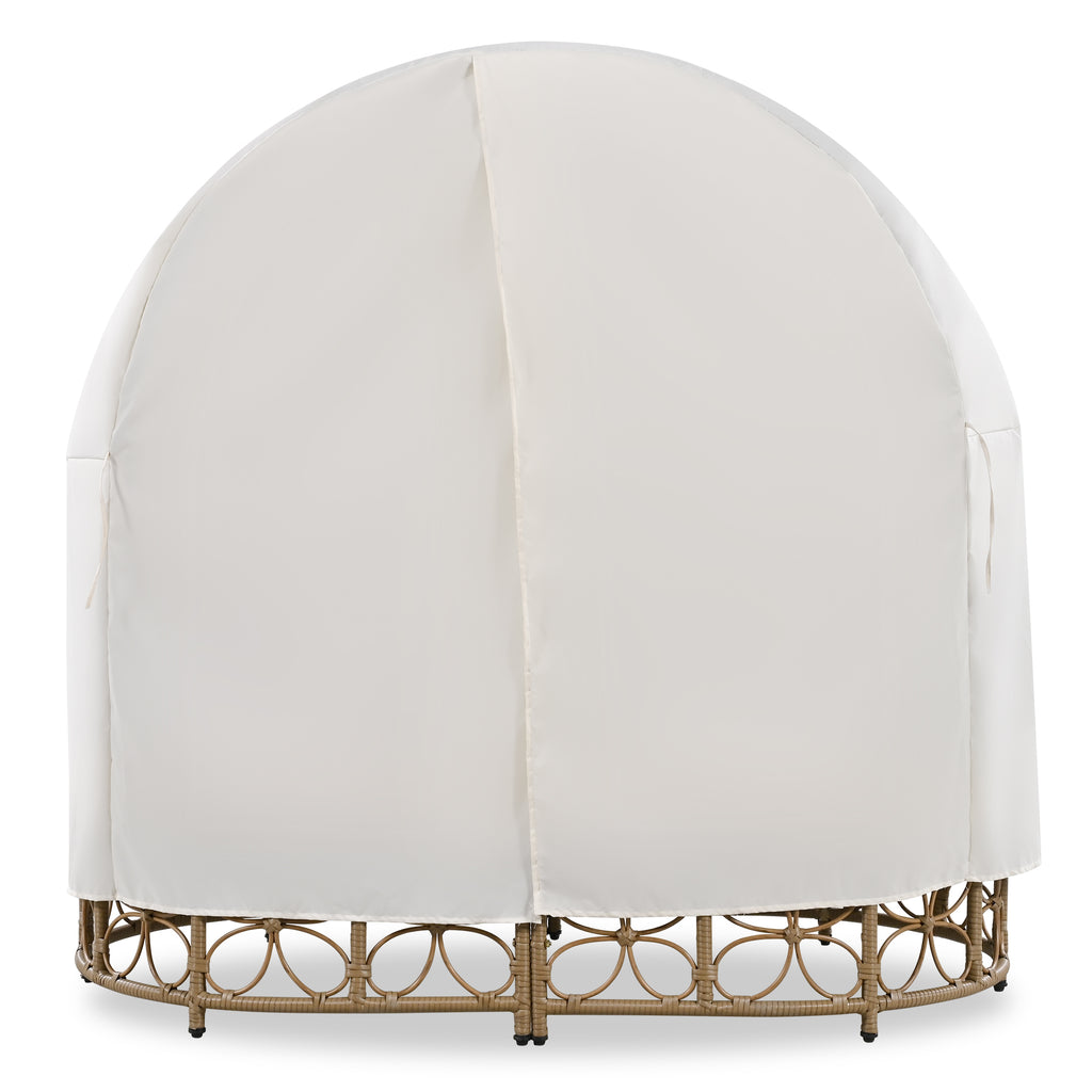 GO 59.8" Daybed Outdoor Sunbed With Colorful Pillows, Wicker Patio Daybed With Curtain, Floral Pattern, Natural Wicker, Beige Cushion