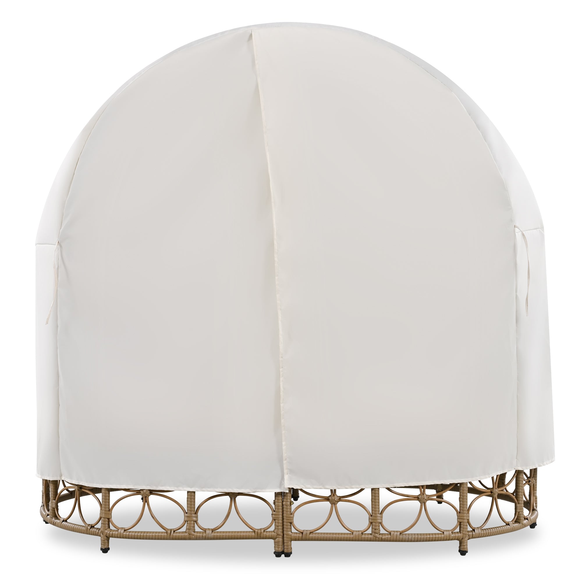 GO 59.8" Daybed Outdoor Sunbed With Colorful Pillows, Wicker Patio Daybed With Curtain, Floral Pattern, Natural Wicker, Beige Cushion