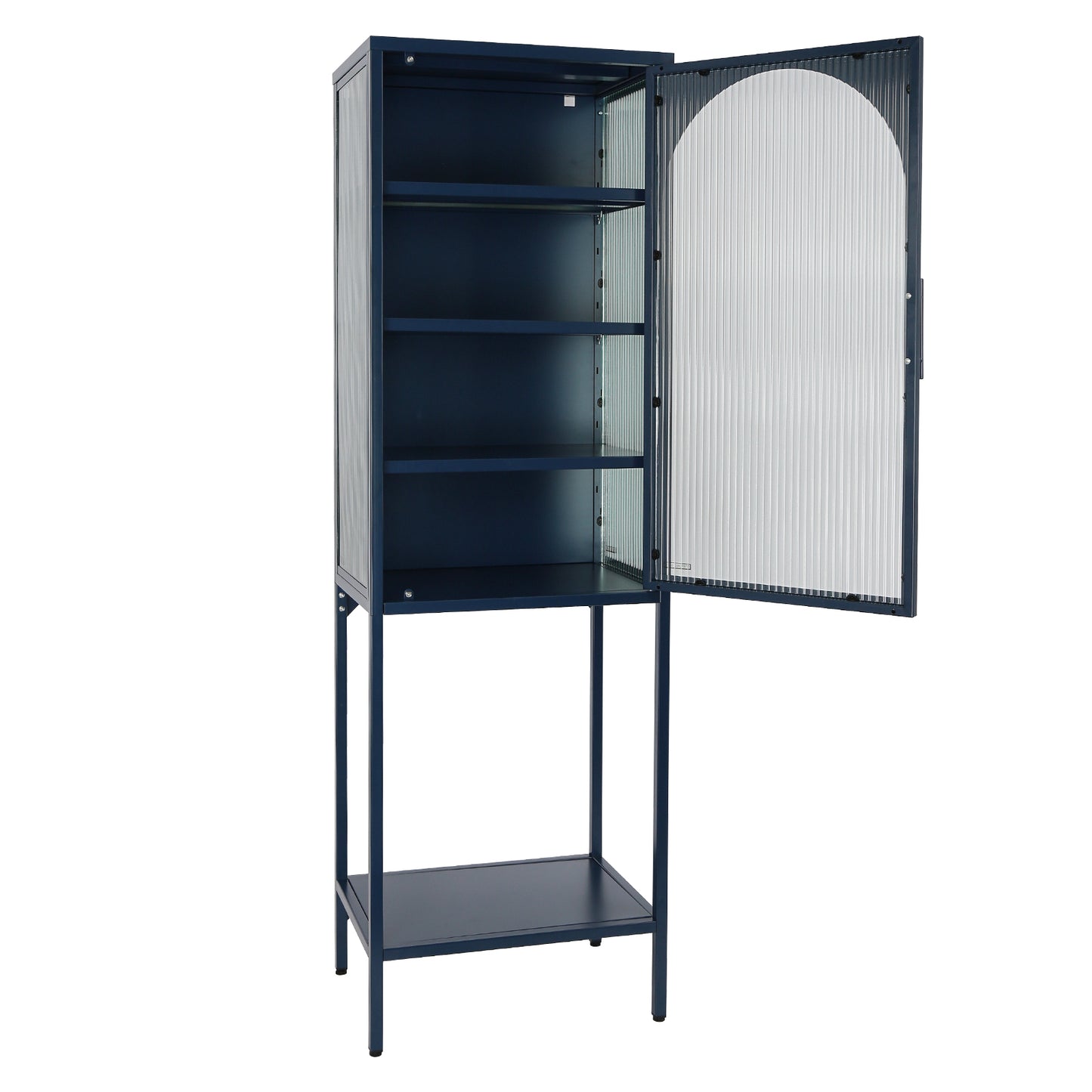 Stylish Tempered Glass High Cabinet with Arched Door Adjustable Shelves and Feet Anti-Tip Dust-free Fluted Glass Kitchen Credenza Blue