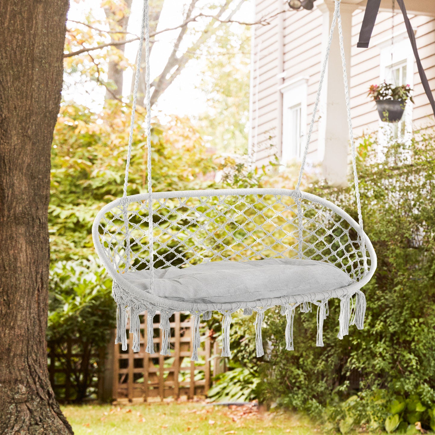 Outsunny 2-Person Hammock Chair Macrame Swing with Soft Cushion, Hanging Cotton Rope Chair for Indoor Outdoor Home Patio Backyard, Grey