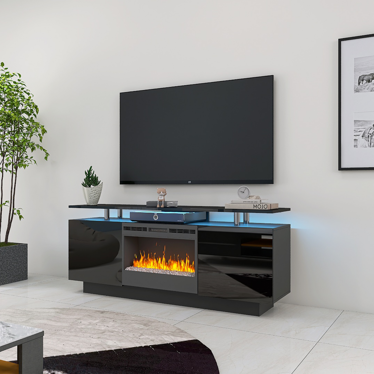 Black 160CM large TV cabinet with fireplace can heating change color 9 models 8 levels have LED Light