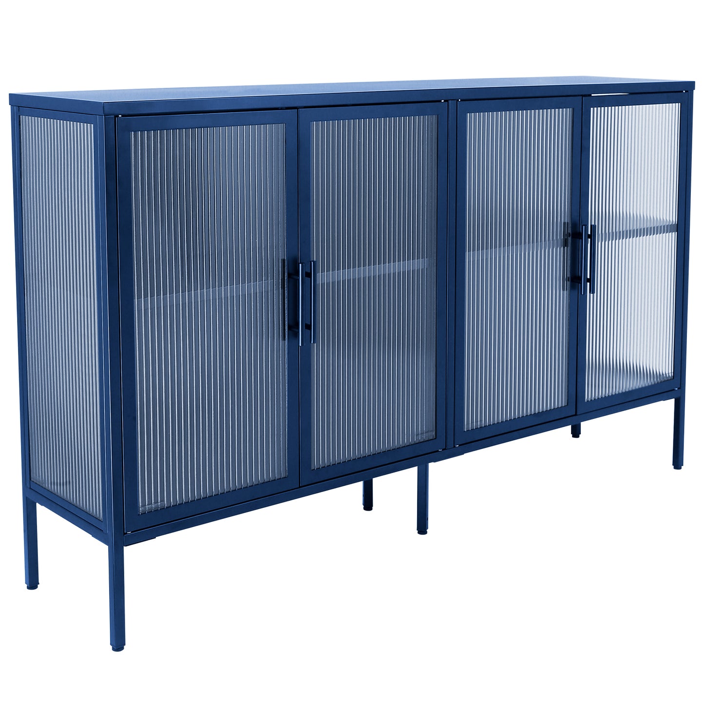 Stylish 4-Door Tempered Glass Cabinet with 4 Glass Doors Adjustable Shelf and Feet Anti-Tip Dust-free Fluted Glass Kitchen Credenza Blue