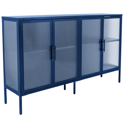 Stylish 4-Door Tempered Glass Cabinet with 4 Glass Doors Adjustable Shelf and Feet Anti-Tip Dust-free Fluted Glass Kitchen Credenza Blue