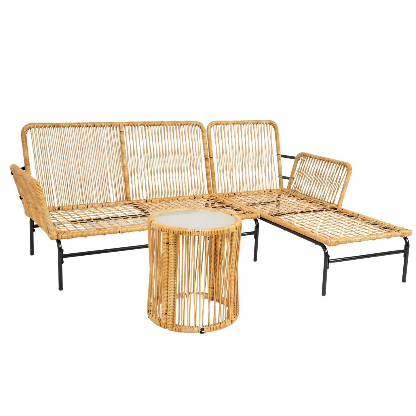 3 Pieces Outdoor Patio Wicker Furniture Sets Table and Chairs with 3.15-inches Thick Cushion Outdoor Sofa Set Natural Yellow Wicker + Creme Cushion